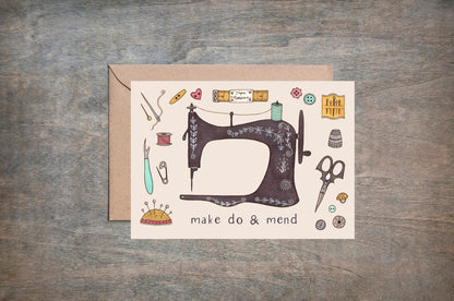 Make Do And Mend Greetings Card & Envelope - Vintage 40's Sewing Machine Pattern Card - Craft Lover Birthday Card - Retro Mother's Day Card