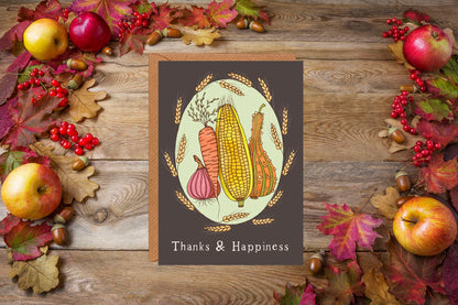 Thanks And Happiness Greetings Card & Envelope - Brown Green Fall Thanksgiving Card - Onion Carrot Corn Gourd Wheat Vegetable Harvest Card