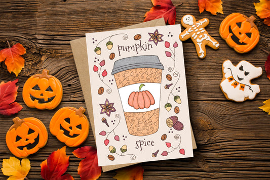 Pumpkin Spice Greetings Card & Envelope - Whimsical Pumpkin Latte - Fall Thanksgiving Halloween Seasonal Card - Acorn Leaf Autumn Spice Card