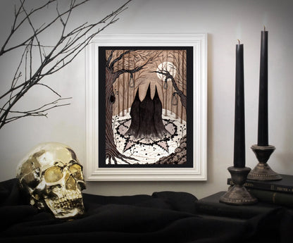 The Winter Coven Illustration Print - Black Watercolour Witches A5 - A4 - A3 Dark Art - Gothic Halloween Wicca Pagan Pentagram Witch Decor