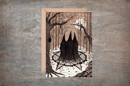 The Winter Coven Greetings Card & Envelope - Black Pentagram Pagan Witches Illustrated Card - Witchy Pagan Goth Halloween Solstice Yule Card