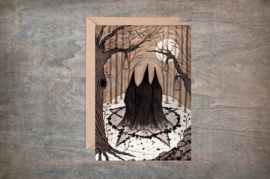 The Winter Coven Greetings Card & Envelope - Black Pentagram Pagan Witches Illustrated Card - Witchy Pagan Goth Halloween Solstice Yule Card