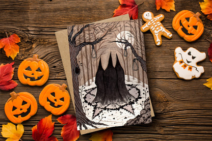The Winter Coven Greetings Card & Envelope - Black Pentagram Pagan Witches Illustrated Card - Witchy Pagan Goth Halloween Solstice Yule Card