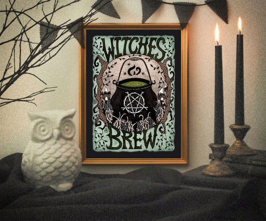 Witches Brew Illustration Print - Green Black Witches Cauldron A5 - A4 - A3 Dark Art Print - Gothic Halloween Wicca Pagan Pentagram Decor