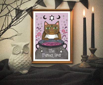 Potion Cat Illustration Print - 'The Perfect Spell' Purple A5 - A4 - A3 Cute Kids Animal Art Print - Halloween Magic Tabby Cat Spooky Decor
