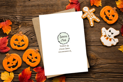 Pumpkin Cat Greetings Card & Envelope - Whimsical Spooky Halloween Cat Card - Kids Halloween Invitation - Cute Peek-a-boo Pumpkin Cat Decor