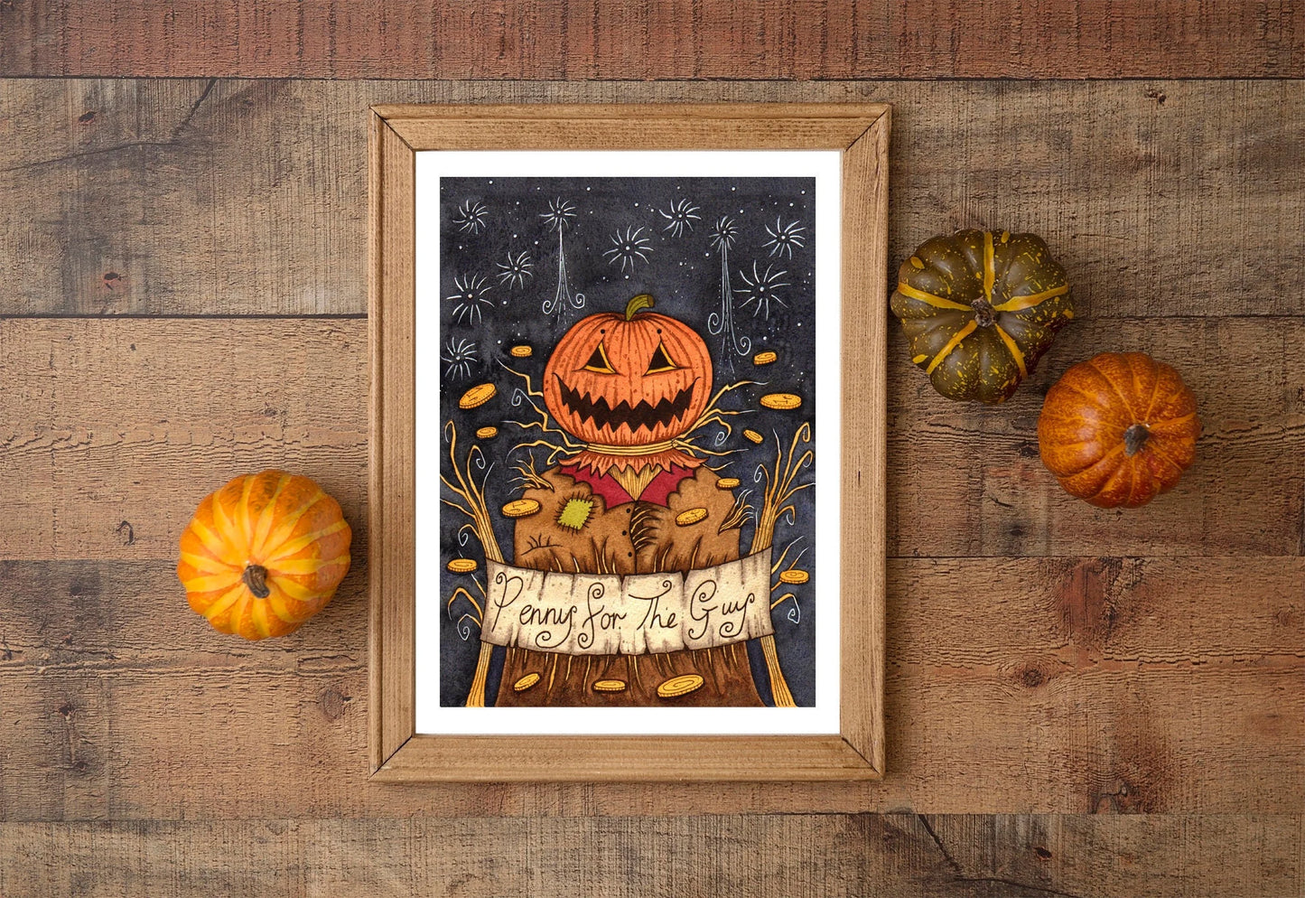 Penny For The Pumpkin Guy Print - A5 - A4 - A5 Bonfire Night Guy Fawkes Illustration Print - Jack O Lantern Thanksgiving Halloween Decor
