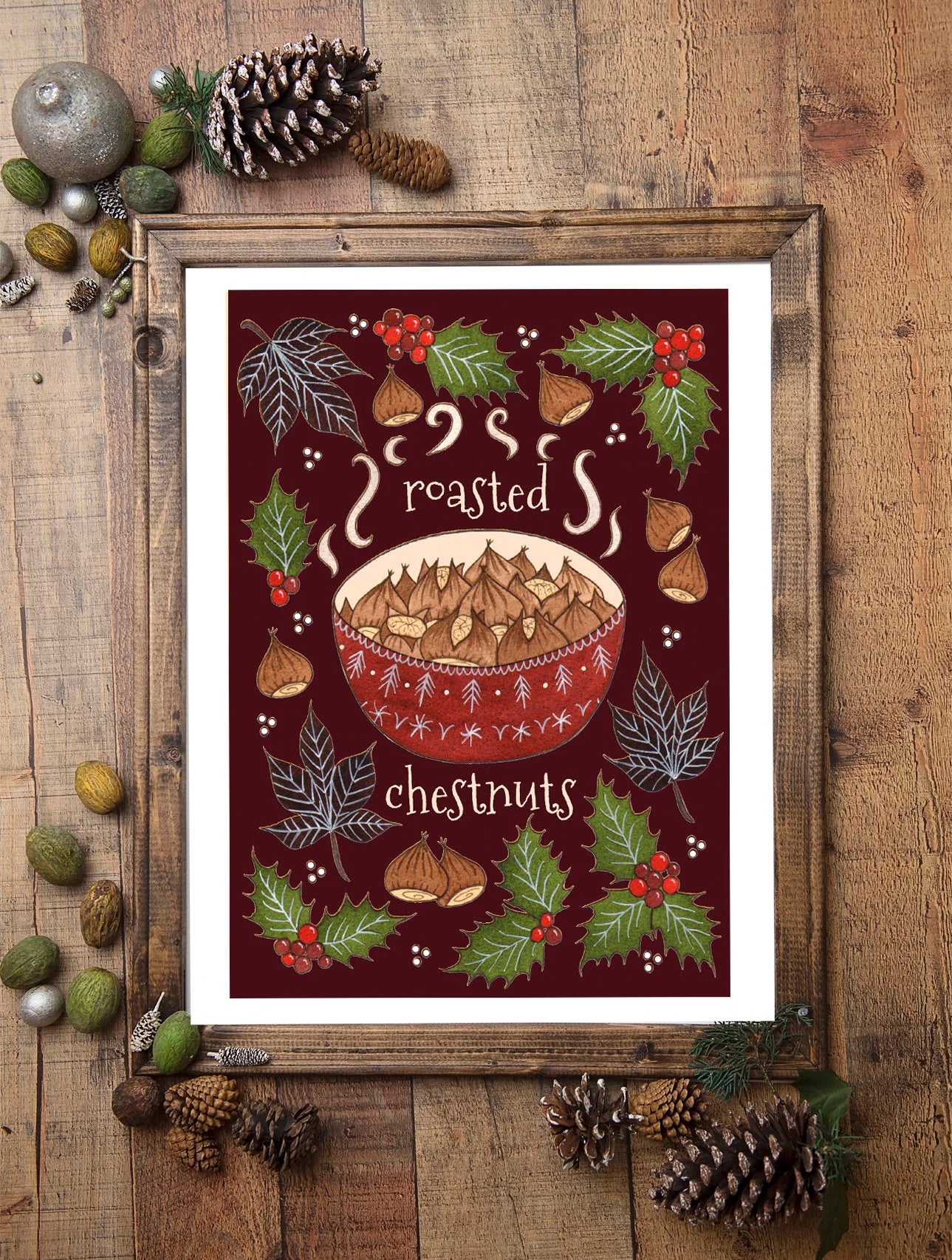 Roasted Chestnuts Print - A5 - A4 - A3 Cosy Festive Winter Illustration Print - Brown Red Winter Christmas Whimsical Food Decor Wall Art