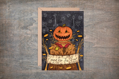 Penny For The Pumpkin Guy Greetings Card & Envelope - Thanksgiving Halloween Bonfire Guy Fawkes Fireworks Card - Jack O Lantern Illustration