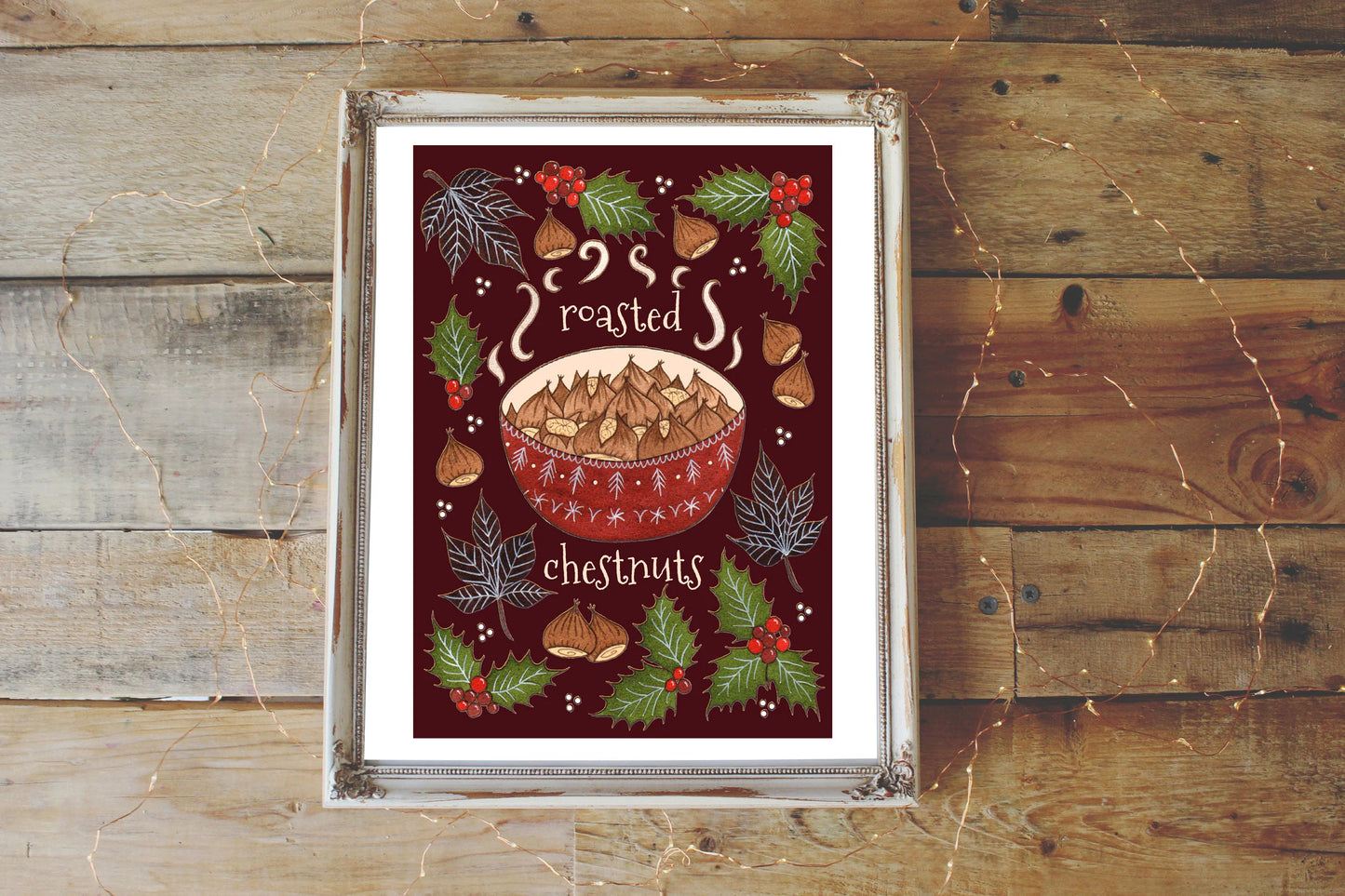 Roasted Chestnuts Print - A5 - A4 - A3 Cosy Festive Winter Illustration Print - Brown Red Winter Christmas Whimsical Food Decor Wall Art