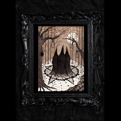 The Winter Coven Illustration Print - Black Watercolour Witches A5 - A4 - A3 Dark Art - Gothic Halloween Wicca Pagan Pentagram Witch Decor