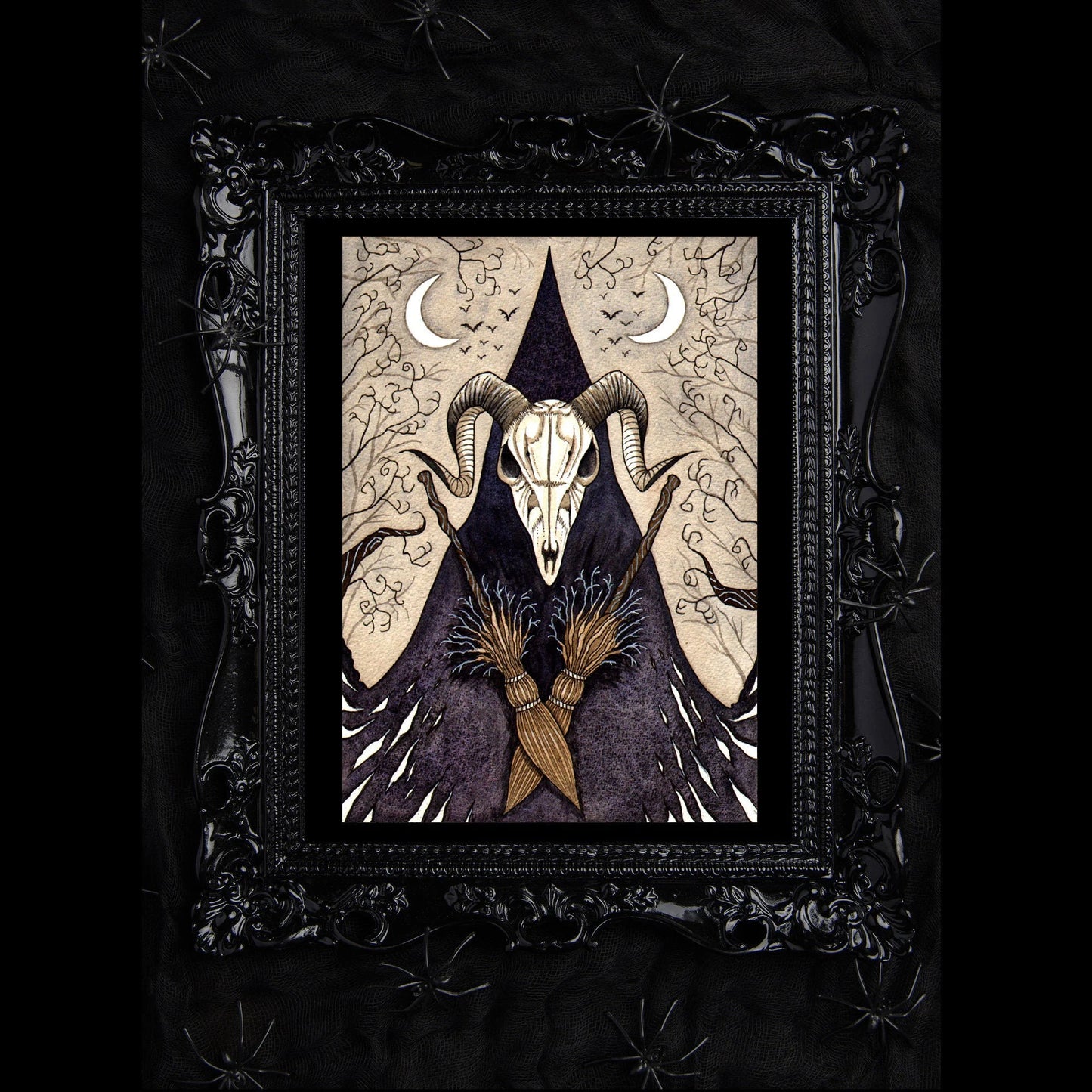 Witch Skull Print - Pagan Witch Goat Skull A5 - A4 - A3 Print - Gothic Occult Halloween Witch Mask Decor - Broomstick Double Moon Bats Art