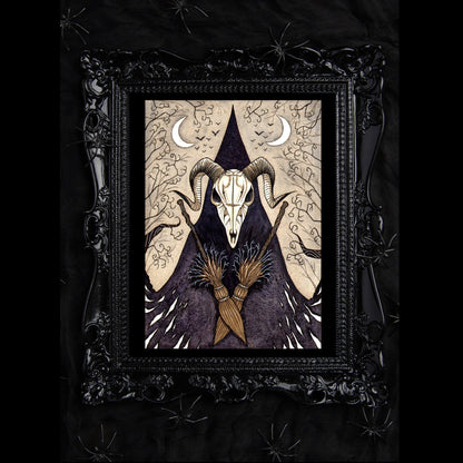 Witch Skull Print - Pagan Witch Goat Skull A5 - A4 - A3 Print - Gothic Occult Halloween Witch Mask Decor - Broomstick Double Moon Bats Art