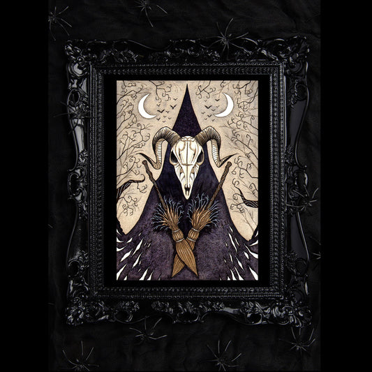 Witch Skull Print - Pagan Witch Goat Skull A5 - A4 - A3 Print - Gothic Occult Halloween Witch Mask Decor - Broomstick Double Moon Bats Art