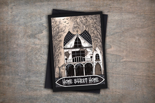 Haunted House Greetings Card & Envelope - Spooky Home Sweet Home Card - Gothic Halloween Housewarming Card - Creepy Cosy Goth Welcome Home