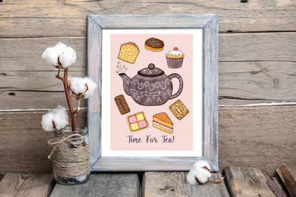 Time For Tea! Print - A5 - A4 - A3 Vintage Teapot & Cakes Illustration Print - Afternoon High Tea Baking Kitchen Wall Art - Mothers Day Gift
