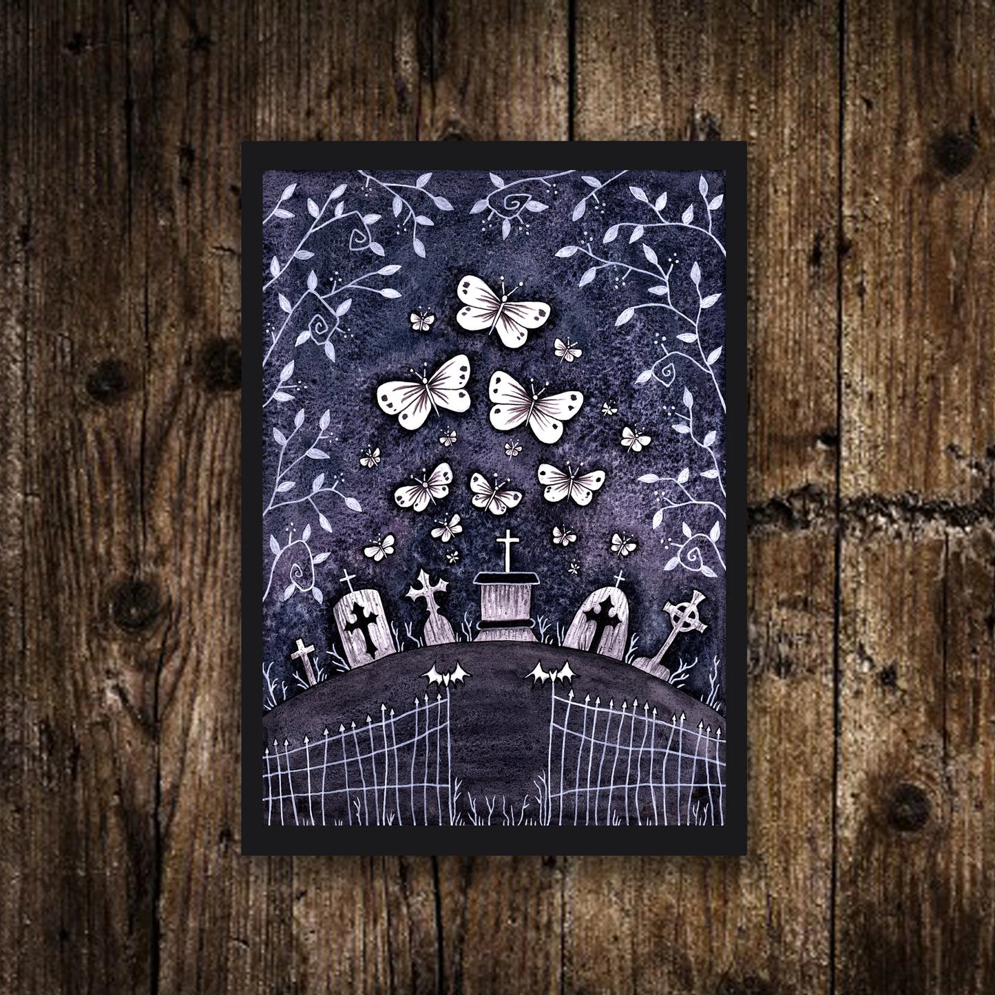 Mini A6 Twilight Butterflies Print - Small Purple Blue Graveyard Illustration - Mini Gothic Butterfly Postcard - Spooky Cute Lolita Decor