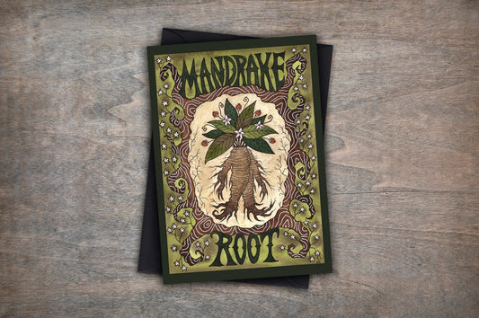 Mandrake Root Greetings Card & Envelope - The Witches Garden Magical Botanical Card - Hedgewitch Wizard Nature Watercolour Green Plant Card