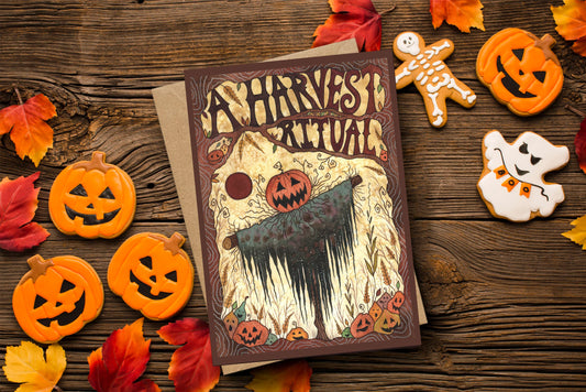 A Harvest Ritual Greetings Card & Envelope - Pumpkin Patch Scarecrow Illustrated Card - Orange Brown Autumn Halloween Samhain Card