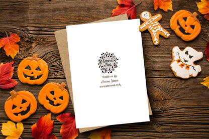 Pumpkin House Card & Envelope - Whimsical Pumpkin Fairy Pixie Cottage Card - Black Orange Autumn Leaves Halloween Trick Or Treat Card