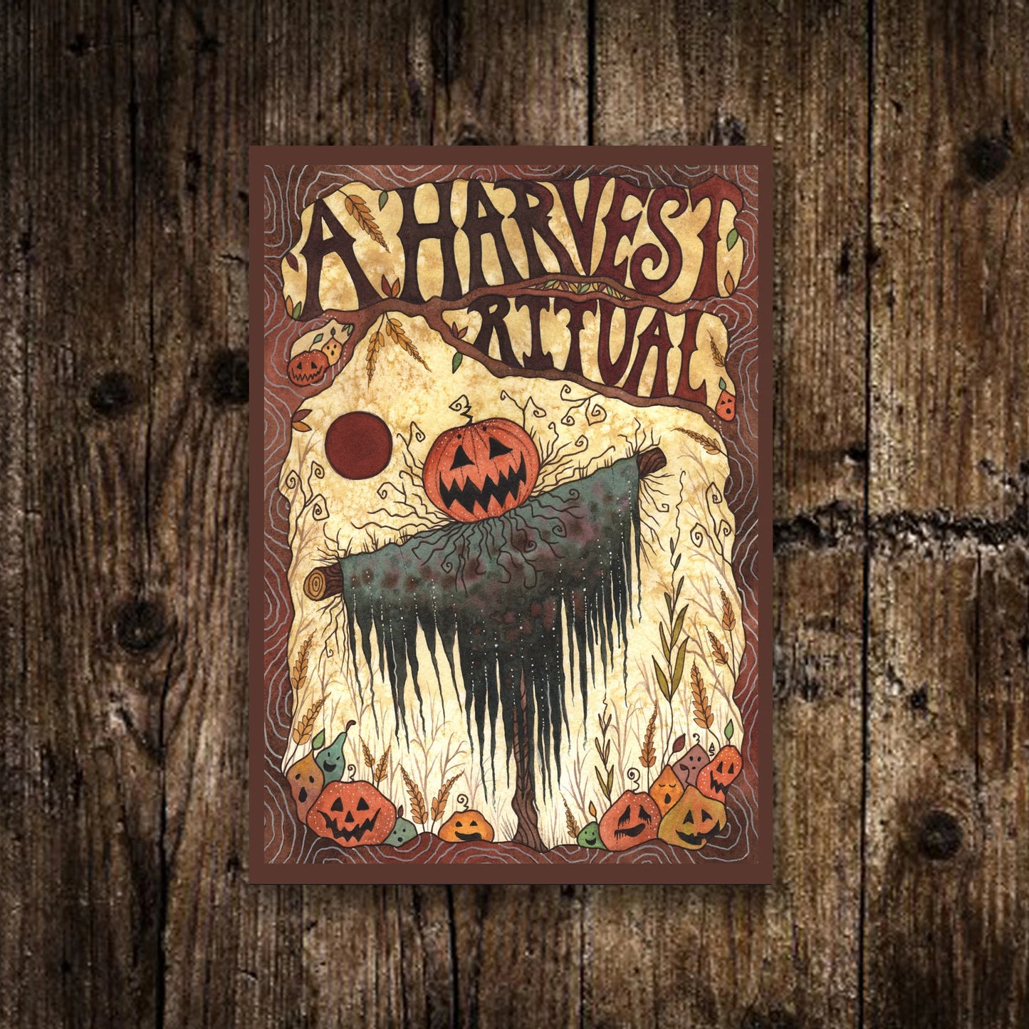 Mini Harvest Scarecrow Print - Small A6 Halloween Scarecrow Illustration - Mini pumpkin Patch Postcard Print - Spooky Jack-O-Lantern Art