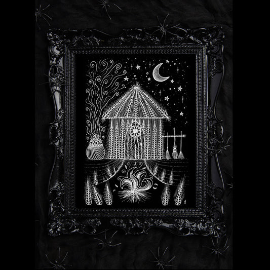Witches Cottage Print - Wicker Witch House A5 - A4 - A3 Watercolour Art - Gothic Spooky Monochrome Decor - Cauldron Broomsticks Witch Cabin
