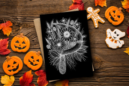 Autumn Sickle Greetings Card & Envelope - Black And White Lughnasadh Lammas Illustrated Card - Harvest Time Witchcraft Pagan Halloween Card