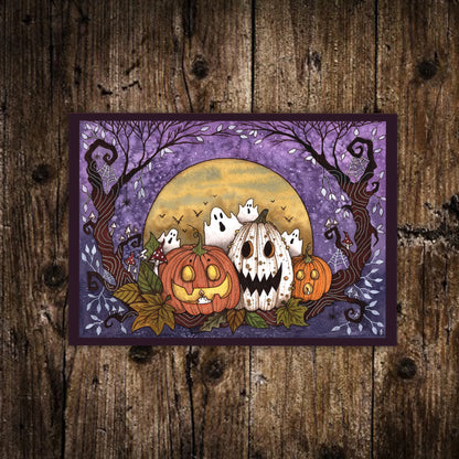 Mini Autumn Night Print - Small A6 Whimsical Halloween Jack-O-Lantern Illustration - Mini Spooky Orange Purple Pumpkin Gourd Postcard Print