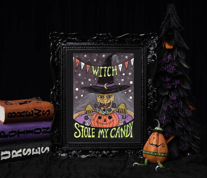 Witches Candy Print - Halloween Witch Stole My Candy A5 - A4 - A3 Watercolour Art - Spooky Retro Pumpkin Orange Slime Green Witch Decoration