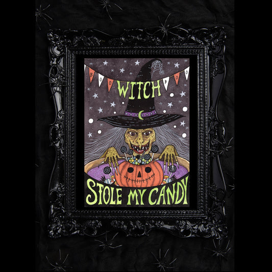 Witches Candy Print - Halloween Witch Stole My Candy A5 - A4 - A3 Watercolour Art - Spooky Retro Pumpkin Orange Slime Green Witch Decoration