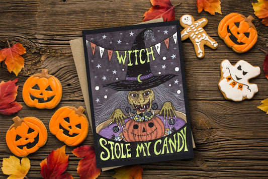 Witches Candy Greetings Card & Envelope - Retro Witch Stole My Candy Halloween Card - Pumpkin Trick Or Treat Sweets Spooky Samhain Card
