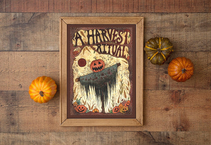 A Harvest Ritual Print - Halloween Scarecrow A5 - A4 - A3 Watercolour Wall Art - Spooky Orange Halloween Pumpkins Jack-O-Lantern Decoration