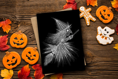 Harvest Witch Greetings Card & Envelope - Black And White Witchcraft Corn Dolly Card - Wheat Witchcraft Folklore Autumn Halloween Card