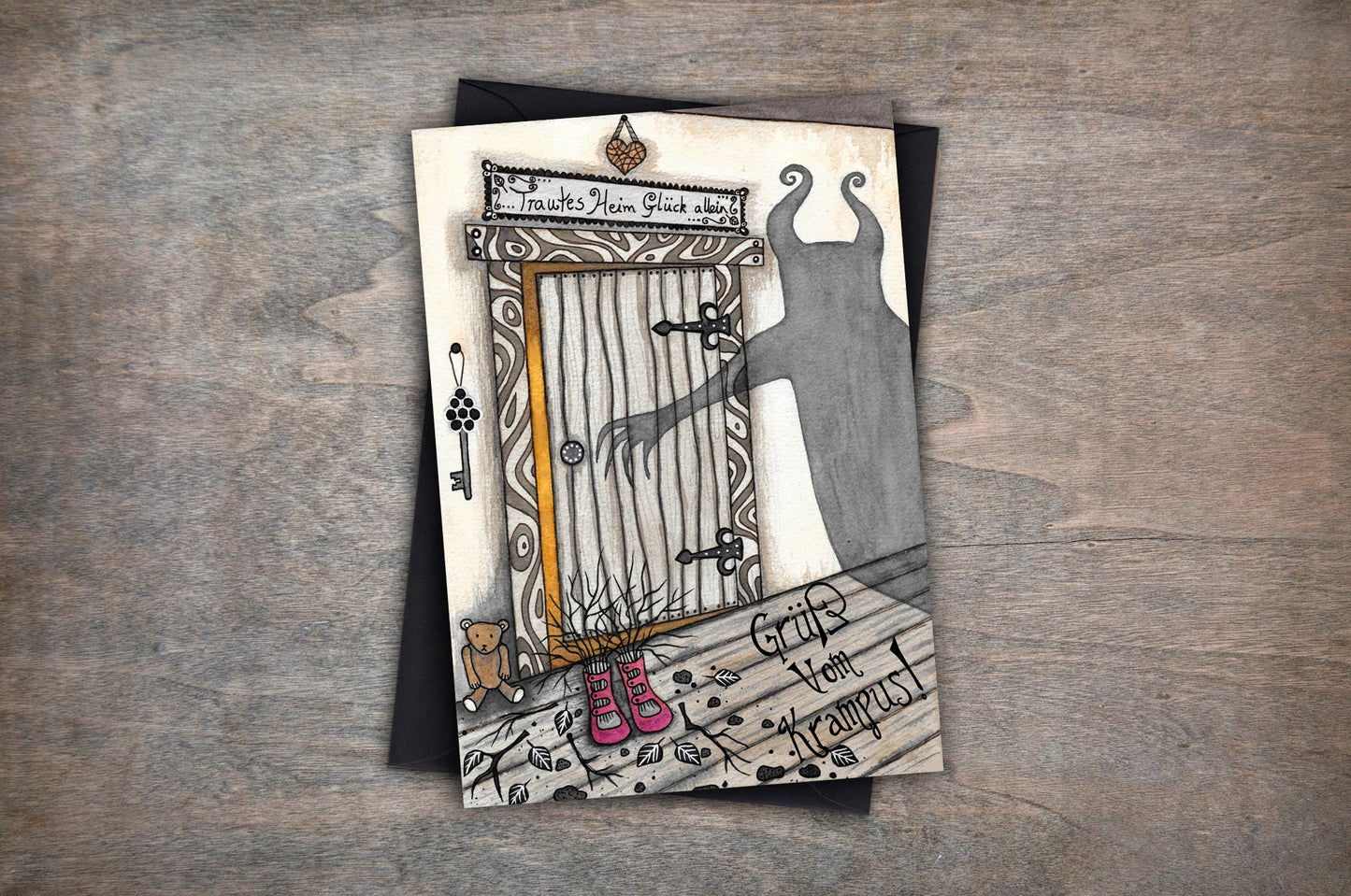 Krampus Shadow Card - Krampus Creepy Christmas Gothic Winter Card - Black Brown Grey Pagan Yuletide Spooky Greetings Card