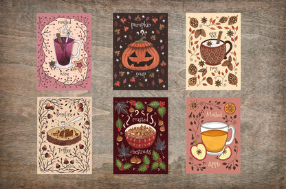 Set Of 6 Mini Winter Warmers Prints - Roasted Chestnut Eggnog Pumpkin Soup Set - Spiced Apple Mulled Wine Bonfire Toffee Mini Illustrations