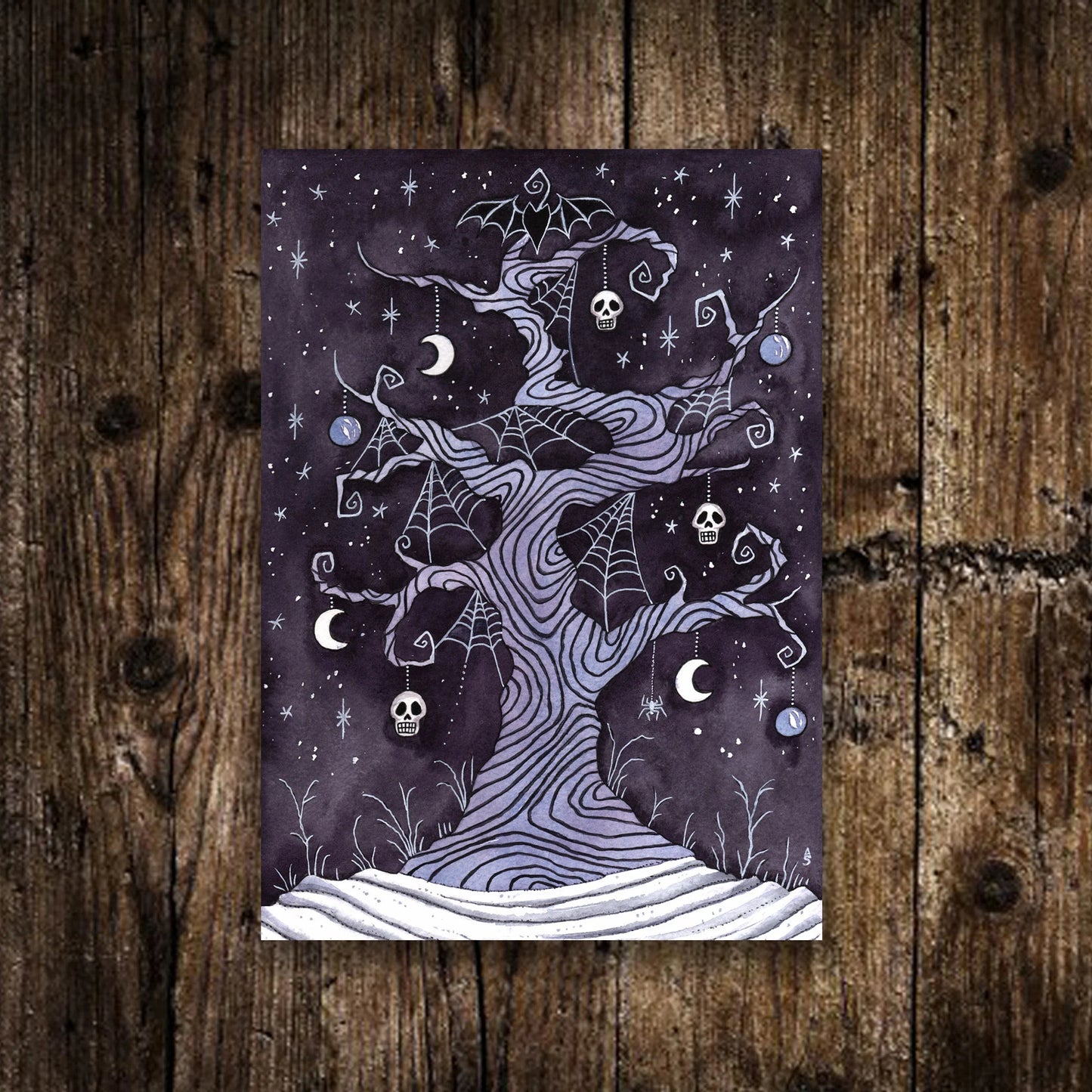 Mini A6 Lonely Forgotten Tree Print - Small Gothic Winter Illustration - Watercolour Creepy Twisted Tree Postcard - Spooky Christmas Tree