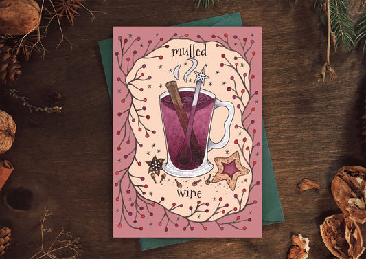 Mulled Wine Greetings Card & Envelope - Cute Purple Pink Festive Spiced Wine Card - Seasonal Winter Christmas Hot Drink Illustration