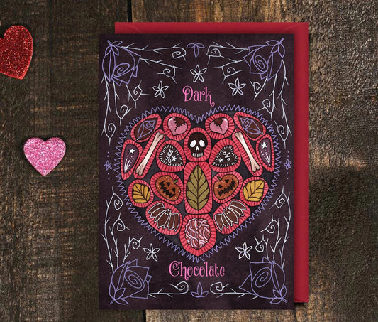 Dark Chocolate Greetings Card & Envelope - Spooky Valentine's Day Card - Halloween Chocolate Box Love Card - Purple Red Romantic Gothic