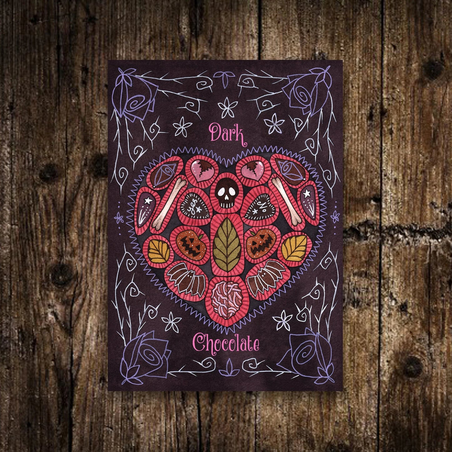 Mini A6 Dark Chocolate Print - Spooky Valentine Chocolate Box Illustration - Watercolour Gothic Purple Red Halloween Chocolates Postcard