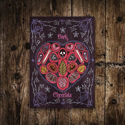 Mini A6 Dark Chocolate Print - Spooky Valentine Chocolate Box Illustration - Watercolour Gothic Purple Red Halloween Chocolates Postcard