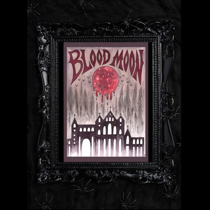 Blood Moon Illustration Print - Watercolour Gothic Red Moon Sky A5 - A4 - A3 Wall Art - Purple Red Sepia Spooky Cathedral Abbey Decoration