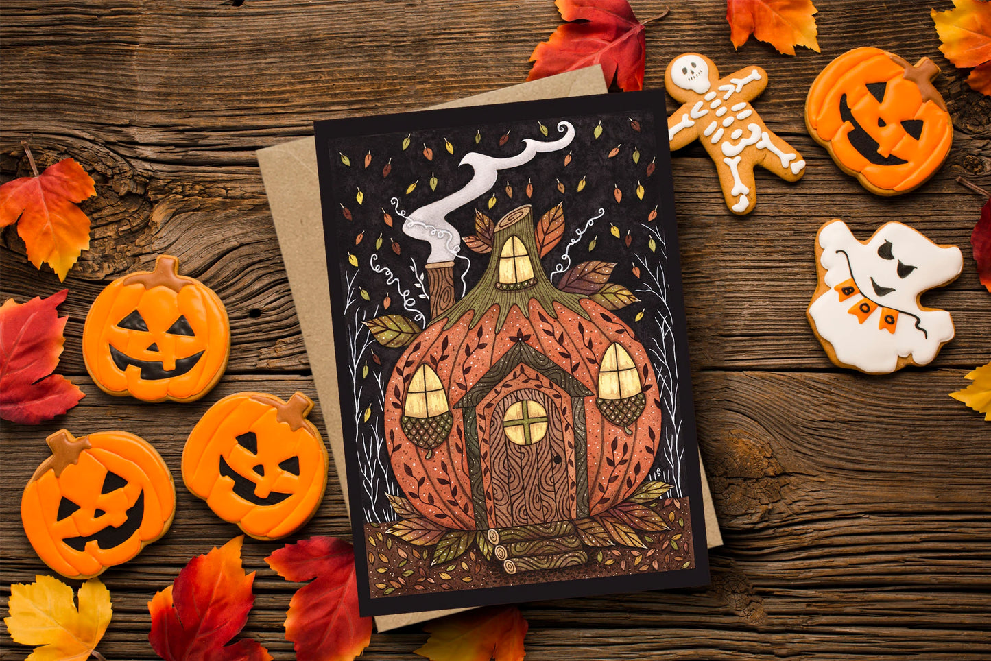 Pumpkin House Card & Envelope - Whimsical Pumpkin Fairy Pixie Cottage Card - Black Orange Autumn Leaves Halloween Trick Or Treat Card