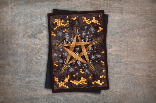 Midsummer Pentagram Greetings Card & Envelope - Golden Wheat Honeycomb Watercolour Card - Pagan Witchcraft Litha Summer Solstice Gift