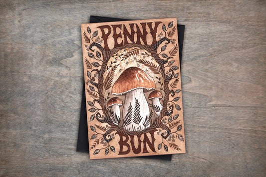 Penny Bun Greetings Card & Envelope - Whimsical Penny Bun Mushroom Watercolour Card - Rustic Brown Summer Cottagecore Mushroom Foraging Card