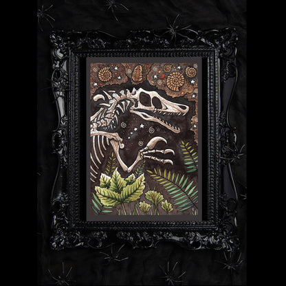 Fossilised Fear Print - Velociraptor Fossil Ammonite Trilobite Watercolour A5 - A4 - A3 Illustration Décor - Spooky Dinosaur Bones Art