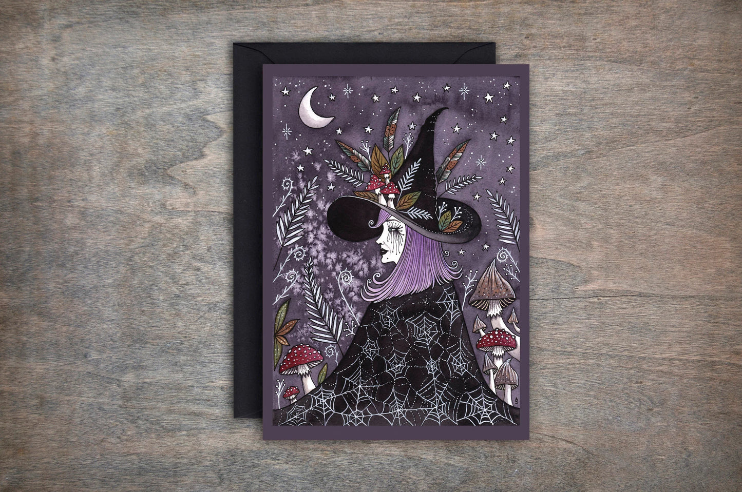 Luna The Midnight Witch Greetings Card & Envelope - Purple Gothic Witchcraft Watercolour Card - Toadstool Mushroom Moon Hedgewitch Gift