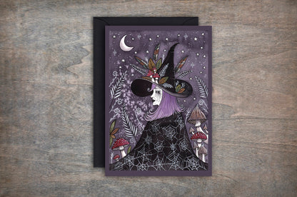 Luna The Midnight Witch Greetings Card & Envelope - Purple Gothic Witchcraft Watercolour Card - Toadstool Mushroom Moon Hedgewitch Gift