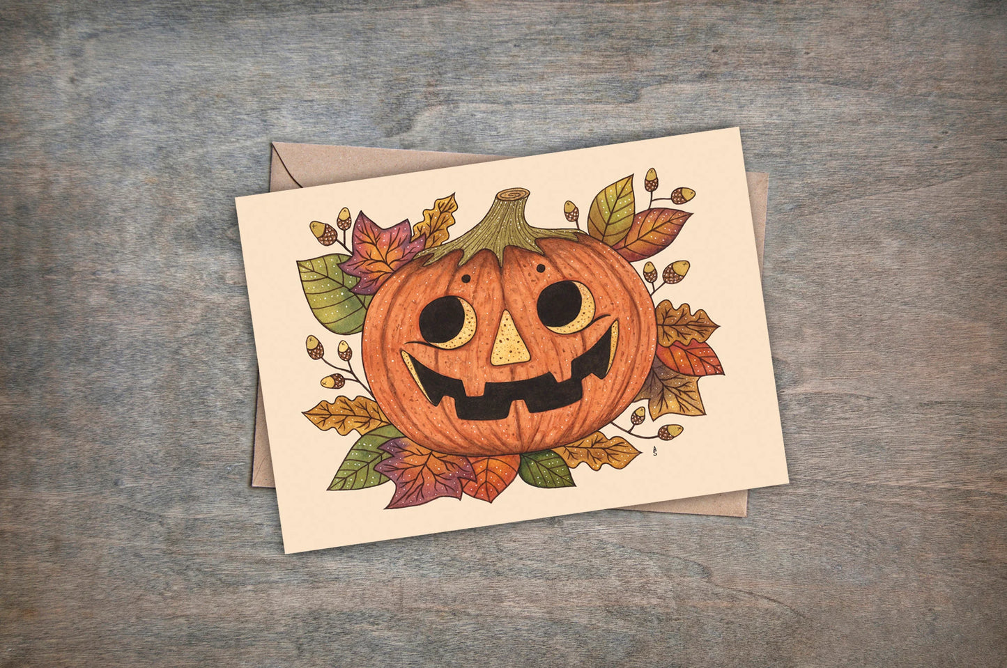 Pumpkin Head Card & Envelope - Whimsical Autumn Jack-O-Lantern Card - Leaves And Acorns Halloween Thanksgiving Card - Pumpkin Lovers Card