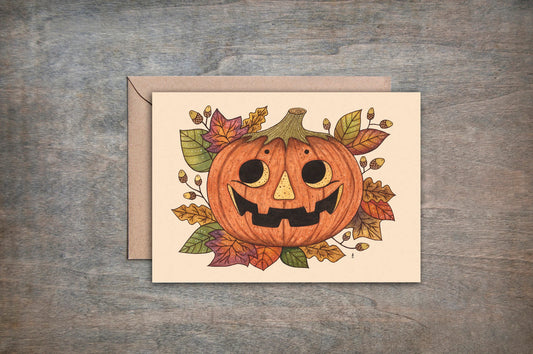 Pumpkin Head Card & Envelope - Whimsical Autumn Jack-O-Lantern Card - Leaves And Acorns Halloween Thanksgiving Card - Pumpkin Lovers Card