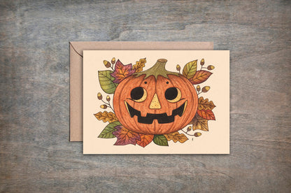 Pumpkin Head Card & Envelope - Whimsical Autumn Jack-O-Lantern Card - Leaves And Acorns Halloween Thanksgiving Card - Pumpkin Lovers Card